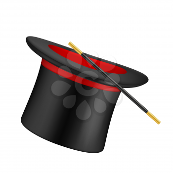 Realistic top hat. Magician symbols top hat and magical wand vector illustration. Magic hat to entertainment, wand to trick illusion