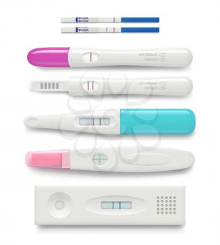 Pregnancy test. Female negative or positive test good ovulation feminine healthcare vector realistic pictures. Illustration pregnancy test, female planning, medical positive