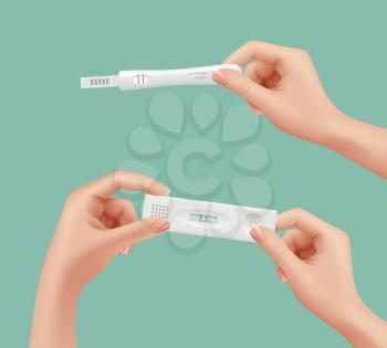 Pregnancy test in hands. Happy woman holding positive feminine test vector realistic medical concept. Illustration pregnancy test in hands