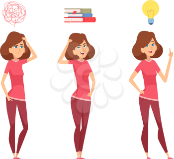 Woman find solution. Thinking girl, isolated female looking for answers to questions vector illustration. Woman confused, find answer, solution problem