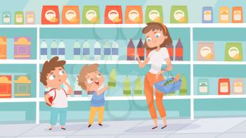 Family in grocery store. Mother son shopping in supermarket. Children choose drinks vector illustration. Supermarket interior and family with children