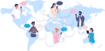 Globalisation. People avatars on world map. International communication, online friendship. Multicultural woman man from different countries together vector illustration. Global business world