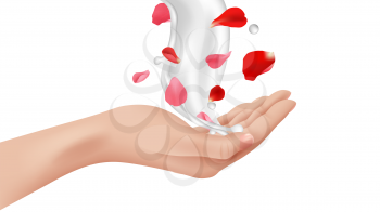 Hand care. Female realistic arm, cream splash with rose flower petals. Isolated advertising design element vector illustration. Moisturizer and fragrance, graceful cream with red flower