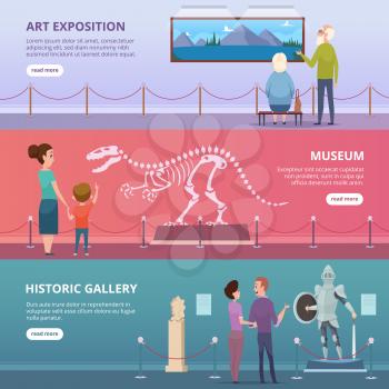 Art gallery. People walking in museum looking on paintings and statues in exhibition vector horizontal banners. Illustration art gallery exhibition, museum and show studio excursion