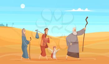 Journey of bible characters. Narrative historical background holy people going in dessert landscape from scenery god vector illustration. Traditional christian biblical legend, desert journey