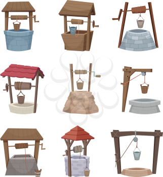 Water well. Antique cartoon country wellness village wooden construction vector illustration. Country rural, farm antique construction