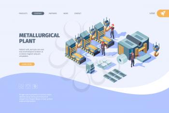 Steel factory landing. Metallurgy manufacturing industry vector business web page template. Factory industry, manufacturing production, industrial engineering metalwork illustration