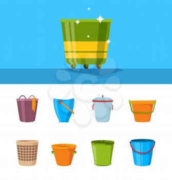 Bucket cartoon. Plastic wooden and metallic empty containers with handles vector illustrations set. Bucket with handle, bucketful container collection
