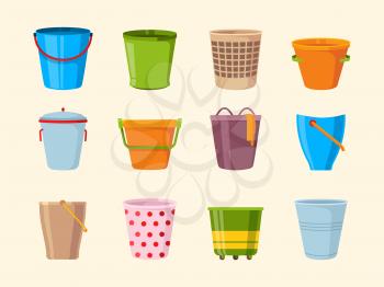 Empty bucket. Metal plastic and wooden buckets collection containers for garbage vector collection. Container or basket for garbage, metal bucket illustration