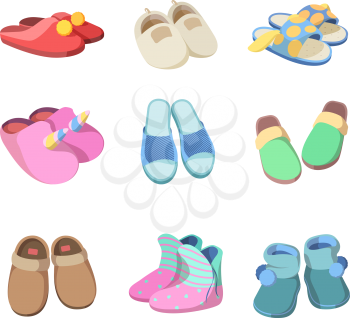 Footwear colored. Textile soft slippers hotel room accessories fashioned comfort home sandals for man and woman vector. Illustration soft footwear, comfortable shoe slippers