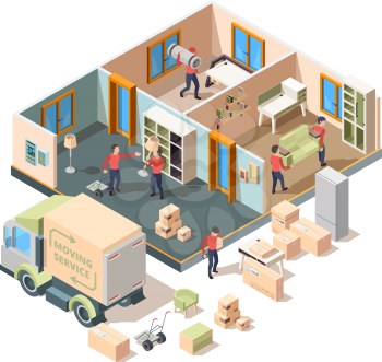 House removal service. Company loader and transporting workers in new house men lifting sofa and boxes in truck vector outdoor isometric picture. Service removal truck, move delivery illustration