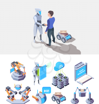 Robotic processes. Smart industry items manufacture engineering production services vector factory isometric. Automation intelligence automatic, technology robotic system illustration