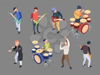 Music band. Isometric characters musicians singers with microphone rock band music instruments vector people illustrations. Character musical band, music rock isometric