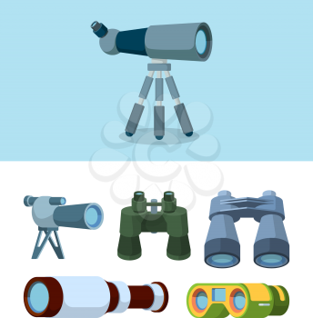 Binoculars. Travel telescope reflection optical tools for outdoor exploration vector flat style illustrations. Lens navigation, search equipment, zoom and vision