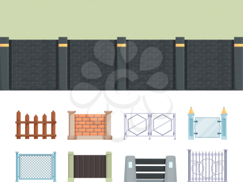 Fence. Wooden and brick fences for village farm vector outdoor elements for residential house building. Fence village, wood wall for yard garden illustration