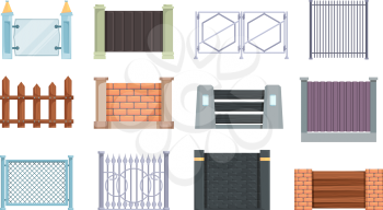 Wood fences. Outdoor elements for farm house vector cartoon templates of fences. Rural wall collection, home architecture protection structure illustration