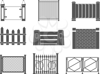 Fence silhouettes. Fence old farm wall in village boundary panels for construction vector set. Illustration farm, construction, picket and fence horizontal
