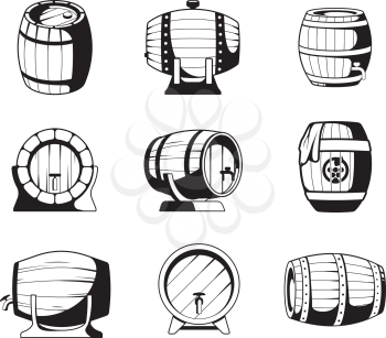 Barrels silhouettes. Wooden barrels symbols for wine or beer business logo design templates vector emblems collection. Barrel silhouette with alcohol, wooden cask illustration