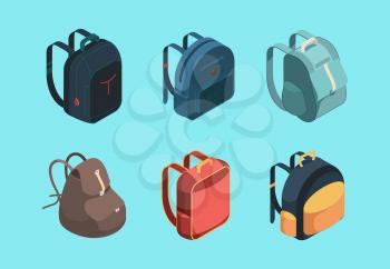 Bag pack isometric. Schoolbag for kids education symbols or baggage for travellers vector collection. Schoolbag and backpack, luggage haversack, notebook knapsack illustration