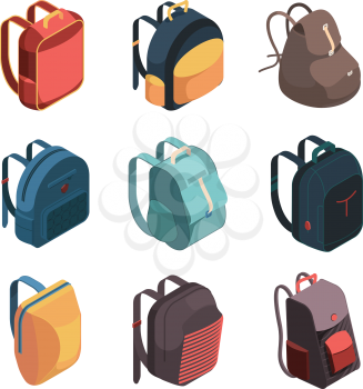 Travel bag pack. Isometric baggage colorful school bags vector illustration. Travel luggage, bag and pack, baggage adventure and schoolbag
