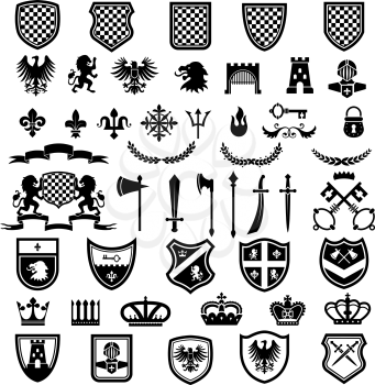 Medieval badges. Heraldic emblems collection with silhouettes of ribbons knight weapons lions crowns swords vector set. Badge and medieval, shield heraldic royal, insignia heraldry illustration