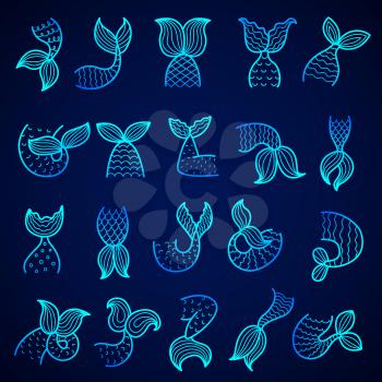 Tails of mermaid. Ocean water symbols drawn tails of fishes scale vector set. Illustration sea mermaid tail, underwater female