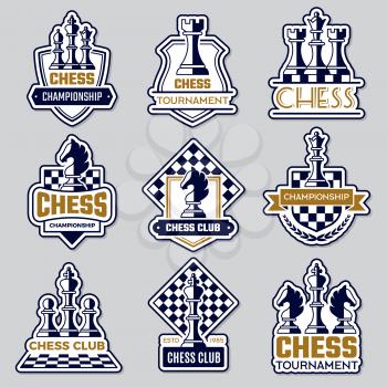 Chess emblem. Sport club logo with chess symbols knight pawn rook officer silhouettes of figures vector badges. Logo club chessboard, hobbies challenge illustration