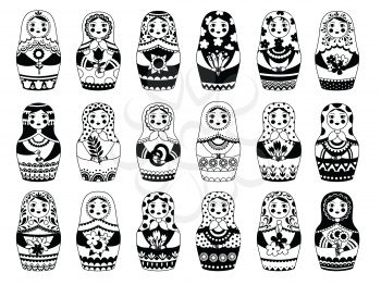 Russian dolls collection. Monochrome traditional female toy floral decoration moscow woman authentic russian faces vector set. Traditional handmade, handcrafted female matreshka illustration