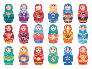 Russian doll colored. Traditional moscow toys authentic floral colored decoration woman or girl vector characters. Russia national toy, handmade ornament decoration illustration