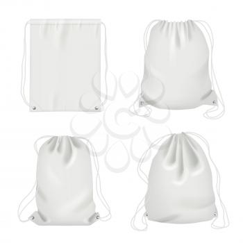 Rope bag. Sport fabric white shoulder drawstring package vector realistic collection. Bag drawstring, pack and pouch, backpack white illustration