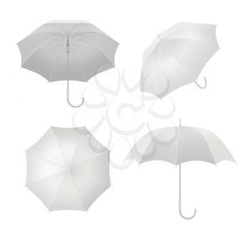 Realistic umbrellas. Rain protection symbol umbrella in various view points vector blank template. White parasol realistic object, safety protection covering illustration
