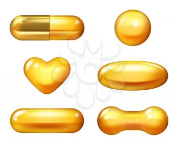 Golden capsule. 3d omega fish oil vitamin e collagen pills care natural products vector realistic illustration. Oil fish capsule, golden pill care, vitamin essence