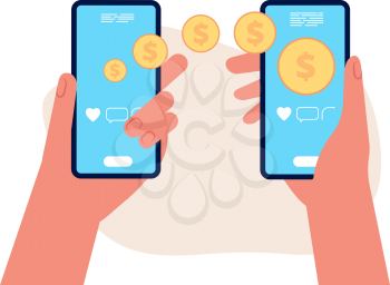 Mobile money transfer. Hands hold smartphones, golden coins flying to other people. E-wallet or e-pay vector illustration. Transfer mobile money, payment transaction online