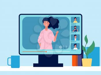 Online conference. Video meeting, people on screen. Business chatting, international friendship vector illustration. Online internet conference, video webinar