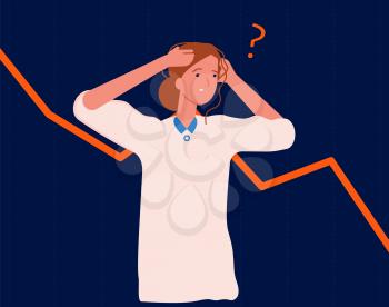 Panic woman. Bankruptcy, economic downturn or business failure. Manager afraid of financial crisis vector illustration. Crisis loss and depression economy arrow failure