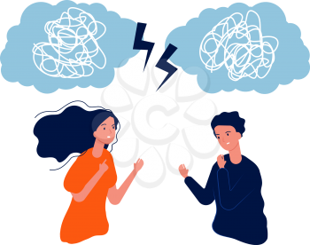 People fight. Man woman mental problem, mess in head. Aggressive negative couple vector illustration. Man and woman problem, stress angry mental