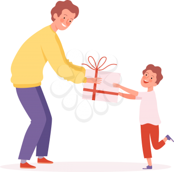 Father time. Man giving gift to son, happy boy and male. Brothers, birthday surprise or present vector illustration. Father and boy celebration, happy birthday surprise
