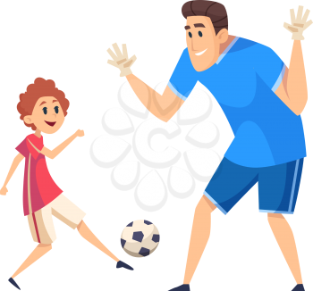 Football time. Sport training, father play soccer with son. People wear uniform, game with ball vector illustration. Father training son play football