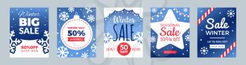 Winter sale flyers. Promo cards, season discount banners. Christmas or New Year shopping banners vector set. Illustration holiday promo template card, seasonal discount