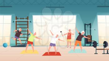 Elderly in gym. Happy seniors, active lifestyle old people. Man woman training, doing yoga running vector illustration. Fitness elderly sport, lifestyle senior in gym