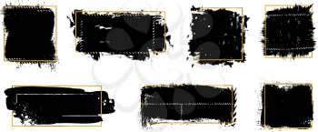 Ink brush blots. Golden frames, black grunge textures. Isolated dirty elements with gold ornament vector set. Splatter paint, graphic blot dirty, grunge texture illustration