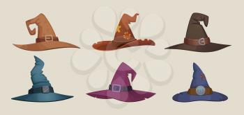 Witch hat. Black female cap scary symbols for halloween party vector clothes collection. Traditional scary hats to halloween, magic cap for wizard illustration