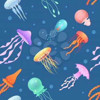 Jellyfish pattern. Underwater medusa colored beautiful ocean animals vector seamless background. Ocean medusa seamless, marine pattern underwater floating illustration