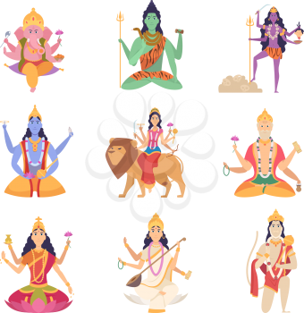 Indian characters gods. Fantasy mascots of indian culture vishnu ganesha lakshmi vector illustrations. India spiritual, hindu god, goddess meditating