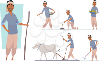 Indian farmer. India village cheering characters working with cow harvesting bangladesh people vector. Illustration india farmer farming agriculture and collect plant