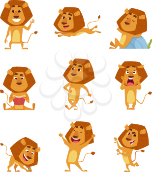 Wild lion cartoon. Cute african big lions mascot in various poses walking standing jumping relaxing vector characters. Lion predator happiness and brave illustration