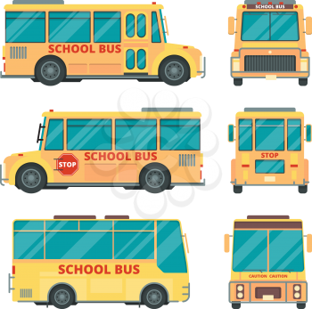 School bus. City yellow vehicle for kids daily transportation childrens vector urban transport various views. Bus vehicle yellow, school automobile illustration