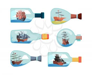 Ship in bottles. Decorative marine souvenir bottles boat vector illustrations. Collection of bottle with ship, decoration transparent souvenir