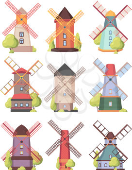 Windmill. Farm holland rural buildings watermill electricity generation vector windmill. Wind mill rural, building farm tower illustration