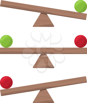 Wooden seesaw. Balance scale or equilibrio items vector flat illustrations. Board balance equality, scale and compare totter, swing teeter